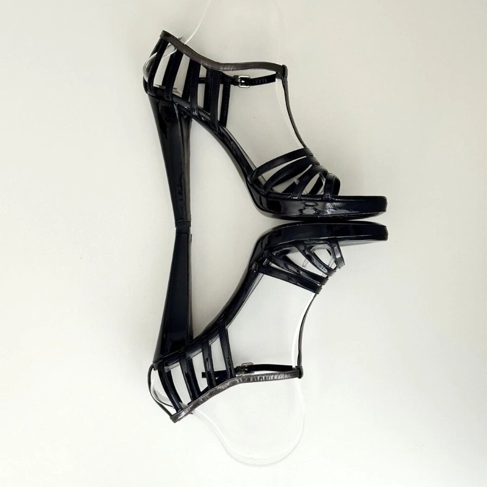 MIU MIU Black/Silver Patent Leather T-Strap Platform Sandals Heels Size 39